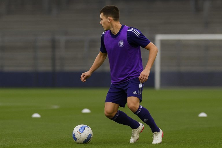 Nathan De Cat van RSC Anderlecht in wedstrijduitrusting tijdens een moment van focus op het veld