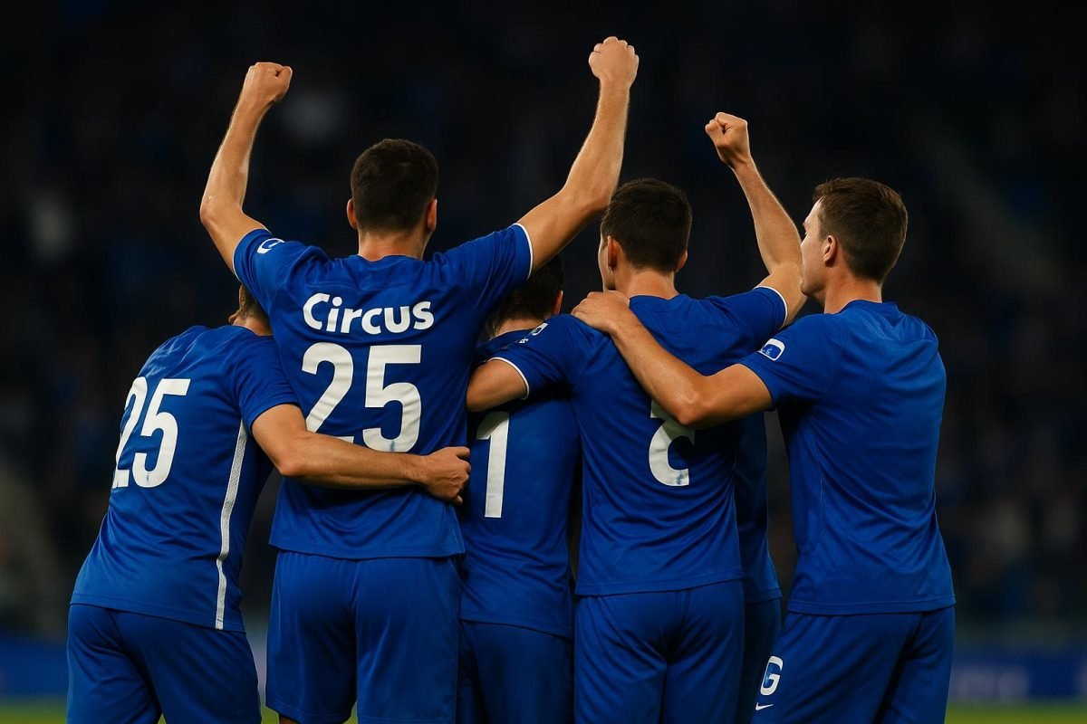 Spelers van KRC Genk vieren een doelpunt tijdens een Europa League-wedstrijd.
