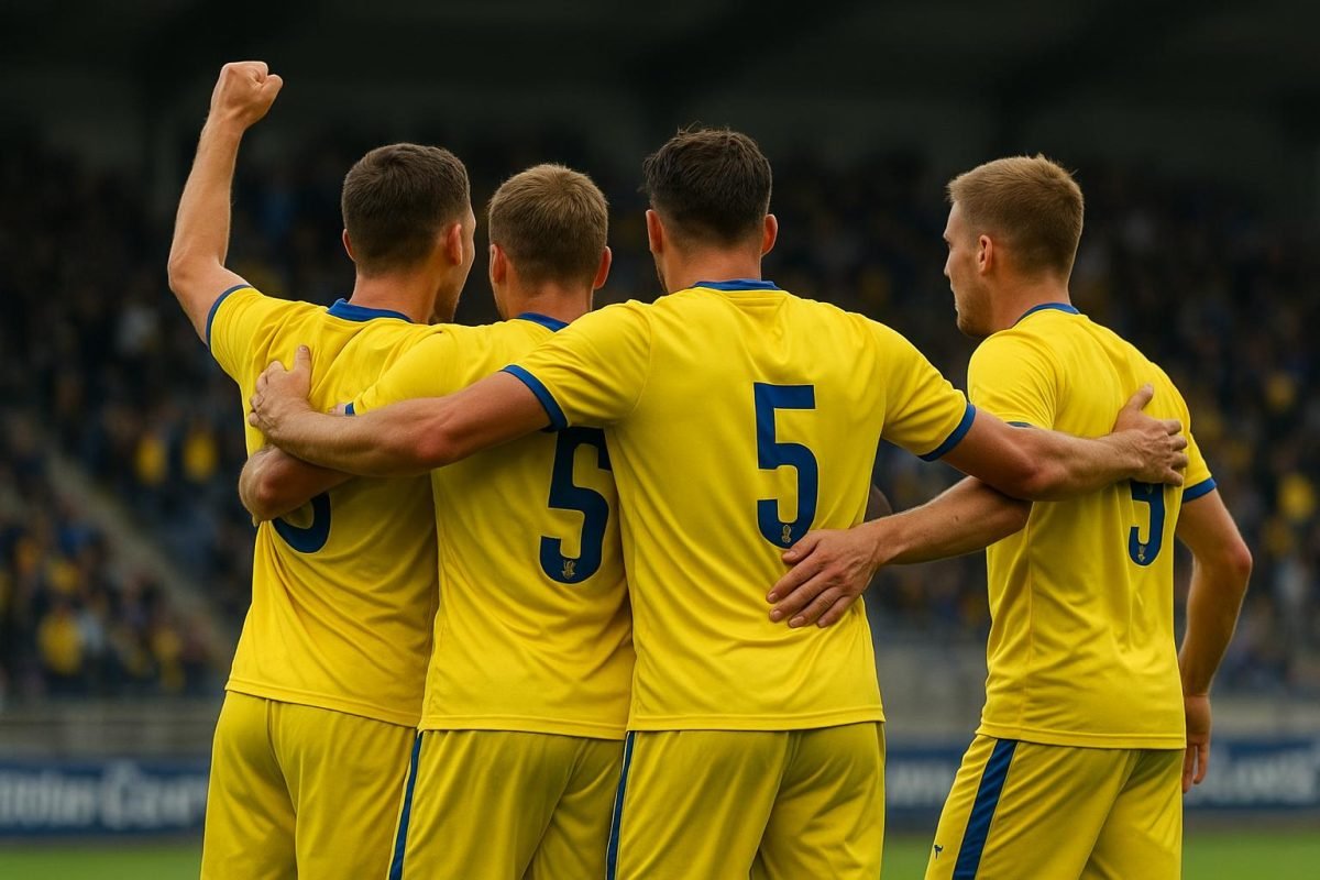 STVV-spelers vieren samen een doelpunt in een wedstrijd in de Jupiler Pro League