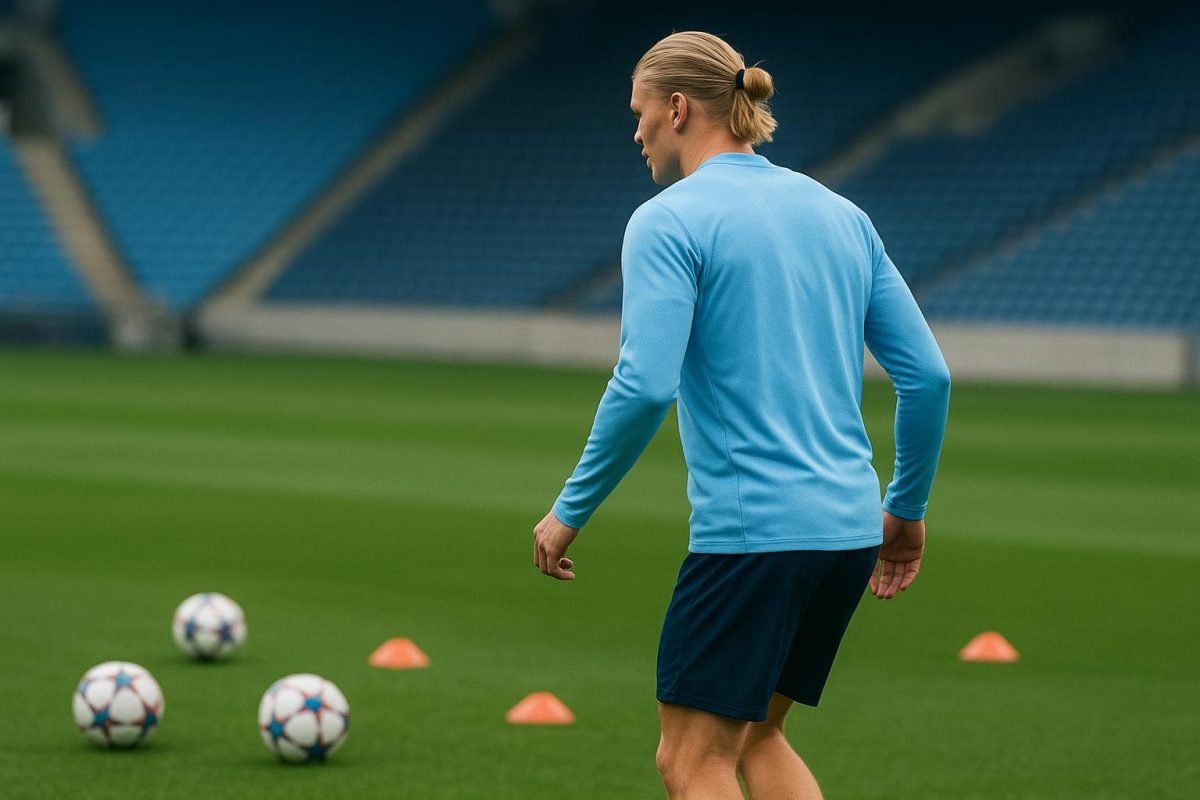 Training van Manchester City met Erling Haaland op de achtergrond, zonder herkenbare gezichten
