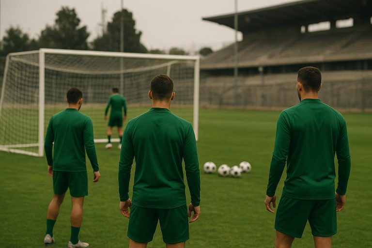 Jelle Bataille in trainingscontext bij Maccabi Haifa, met focus op de omgeving zonder herkenbare gezichten.