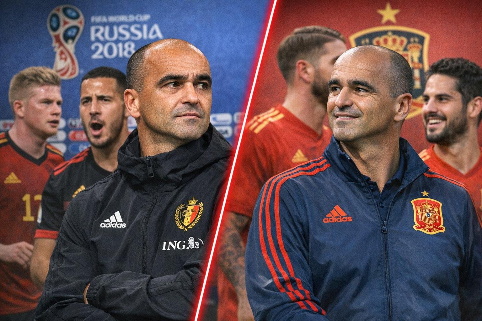 Roberto Martínez in een persmoment, denkbeeldig als Spaans bondscoach