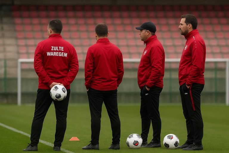 Interimcoach van Zulte Waregem langs de zijlijn tijdens een trainingsmoment
