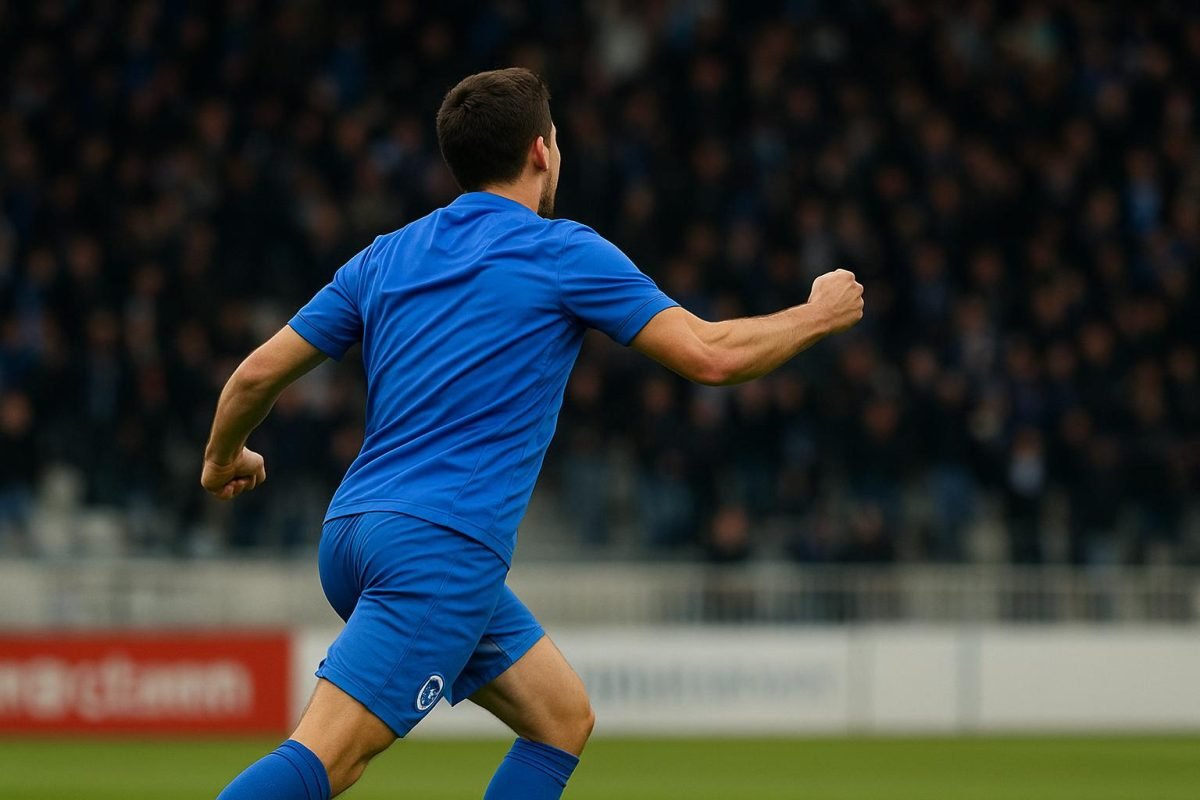 Konstantinos Karetsas van KRC Genk viert na een actie in een wedstrijd