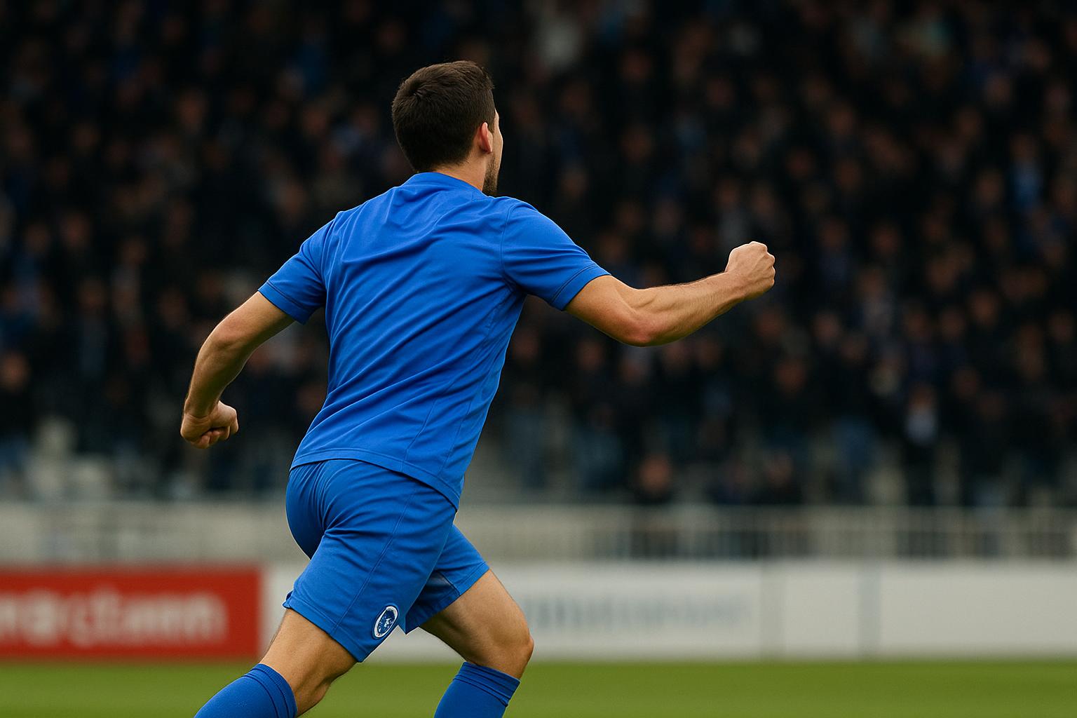 Konstantinos Karetsas van KRC Genk viert na een actie in een wedstrijd