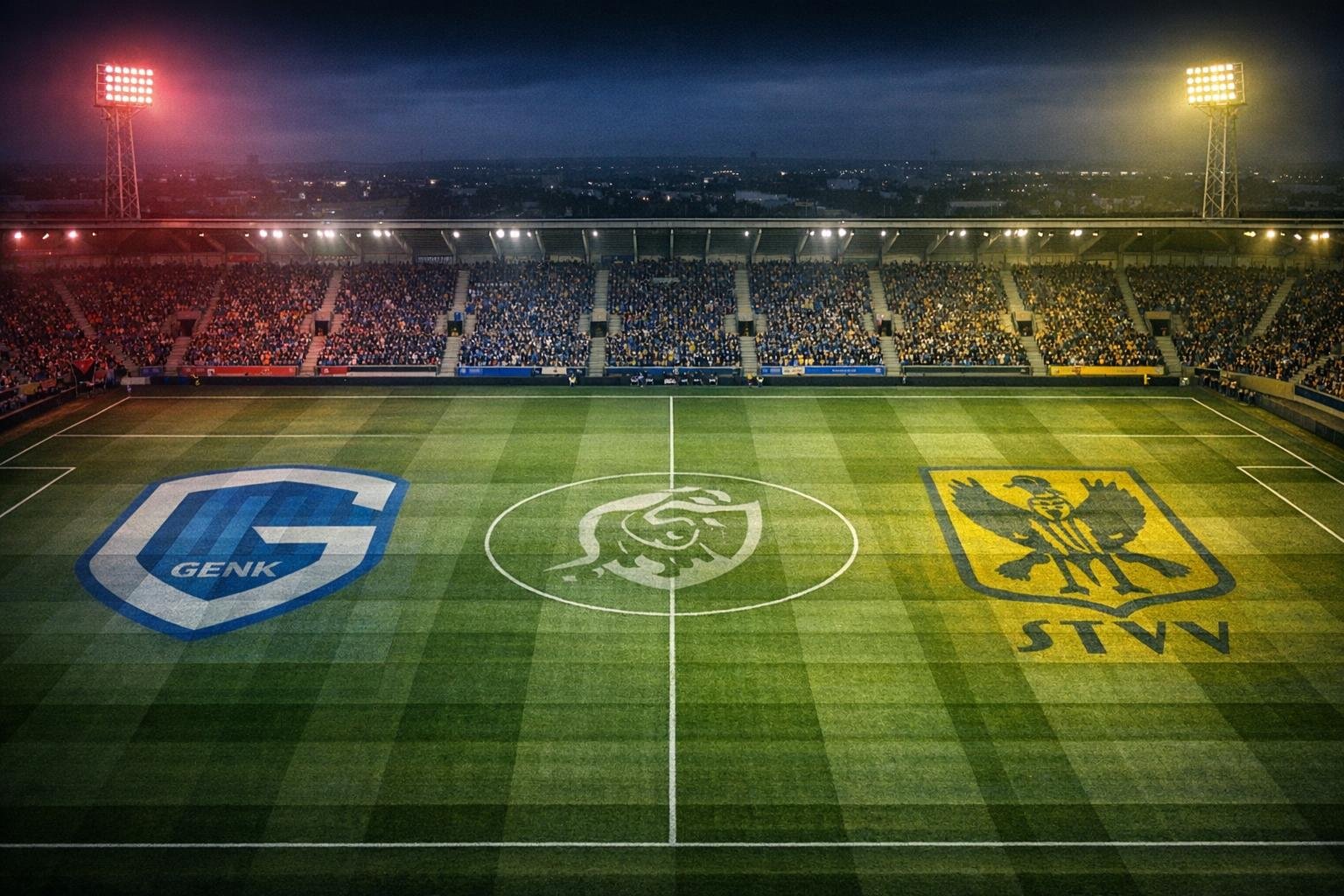 SpeeldagScanner headerbeeld van KRC Genk tegen STVV in een donker stadion met scan-accenten in rood en geel.