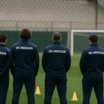 Beeld van de technische staf van RSC Anderlecht op het trainingsveld, zonder herkenbare gezichten.