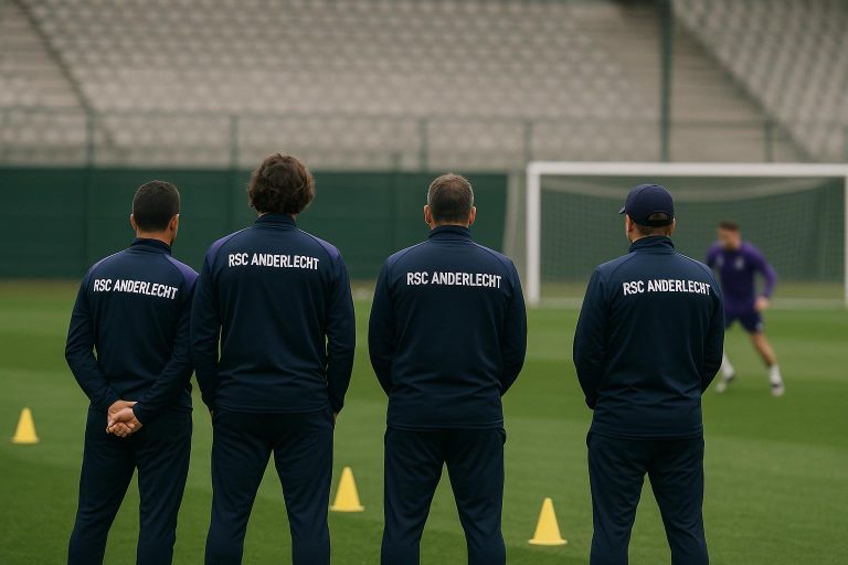 Beeld van de technische staf van RSC Anderlecht op het trainingsveld, zonder herkenbare gezichten.