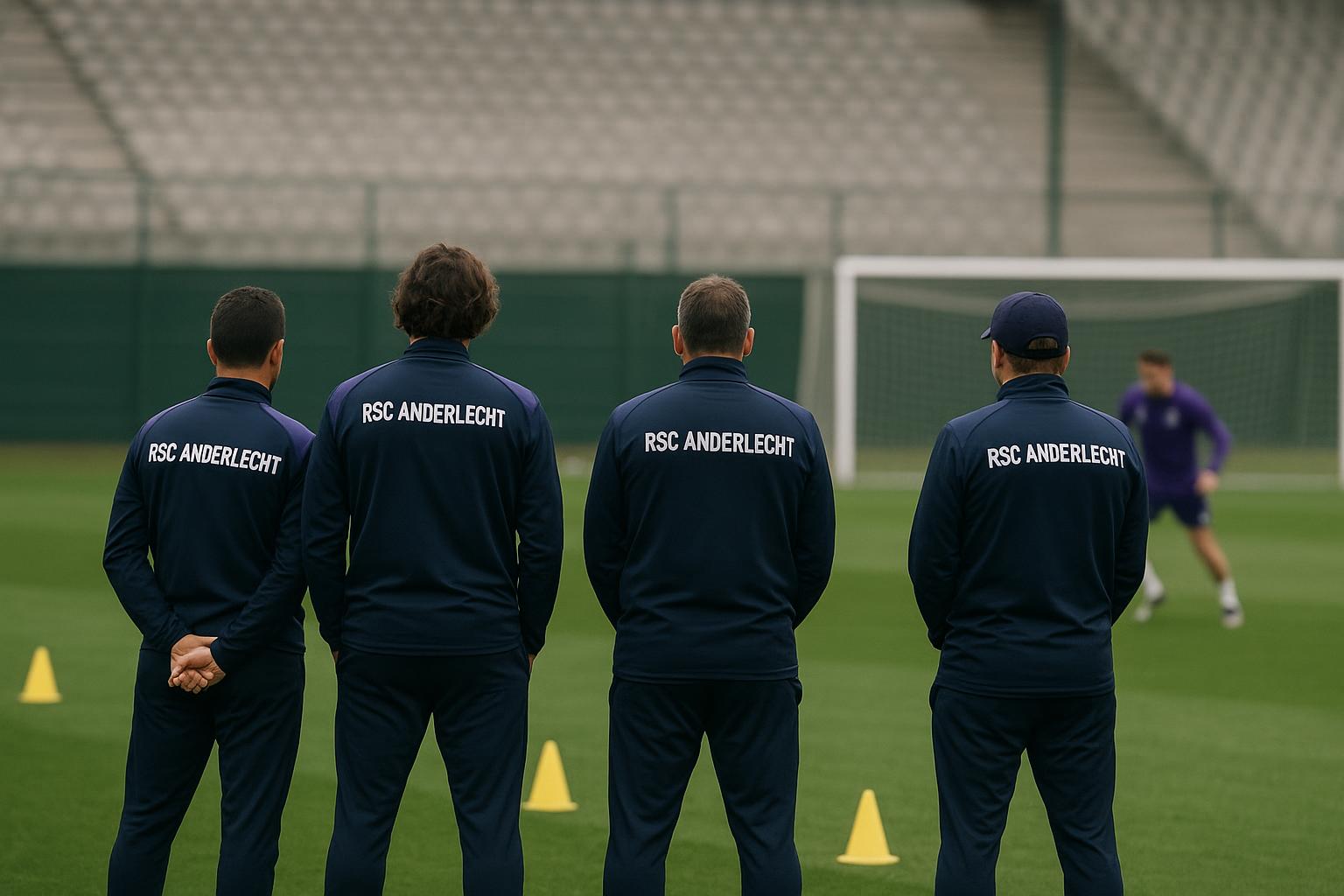 Beeld van de technische staf van RSC Anderlecht op het trainingsveld, zonder herkenbare gezichten.