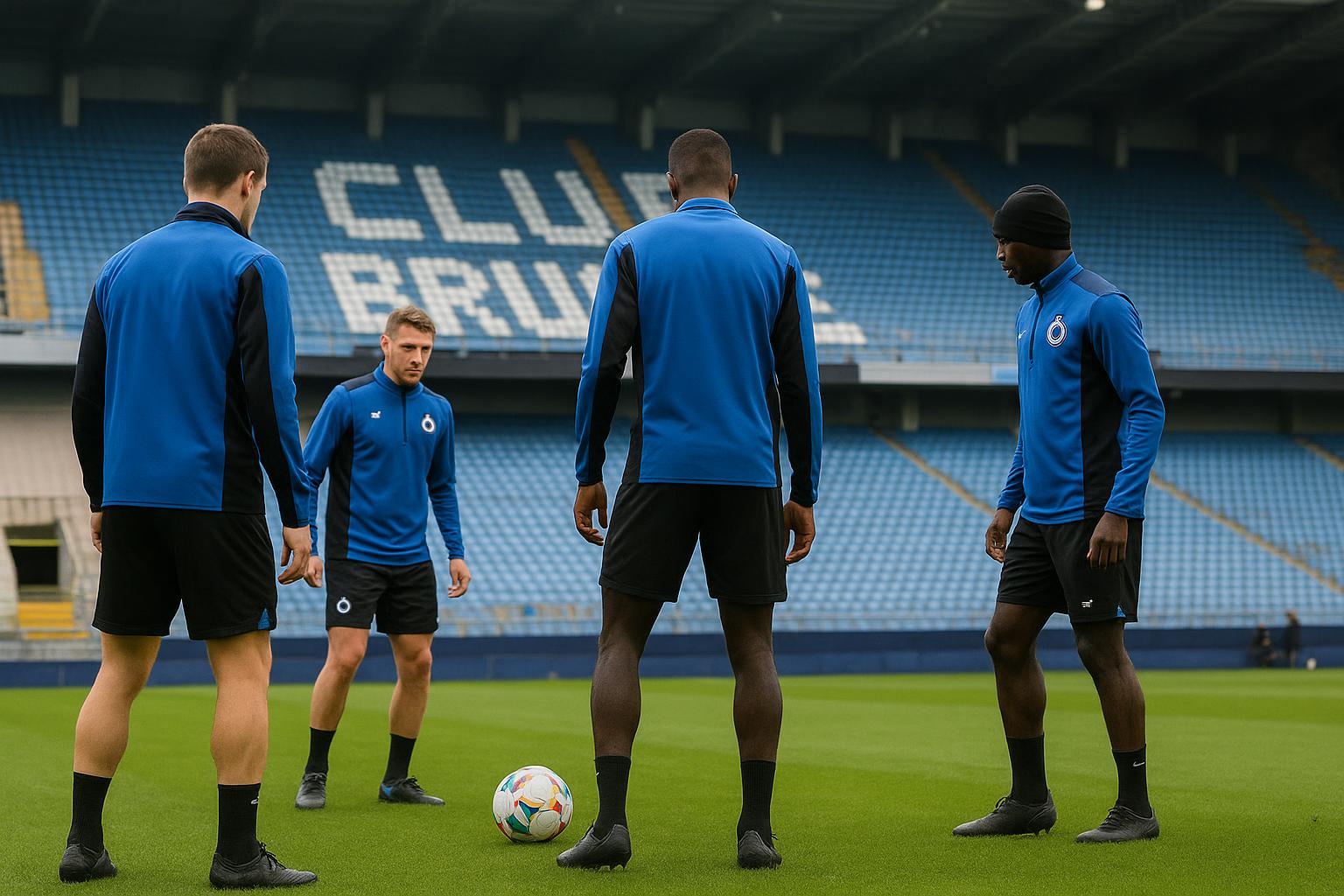 Spelers van Club Brugge op het veld in het Jan Breydelstadion tijdens een trainingsmoment