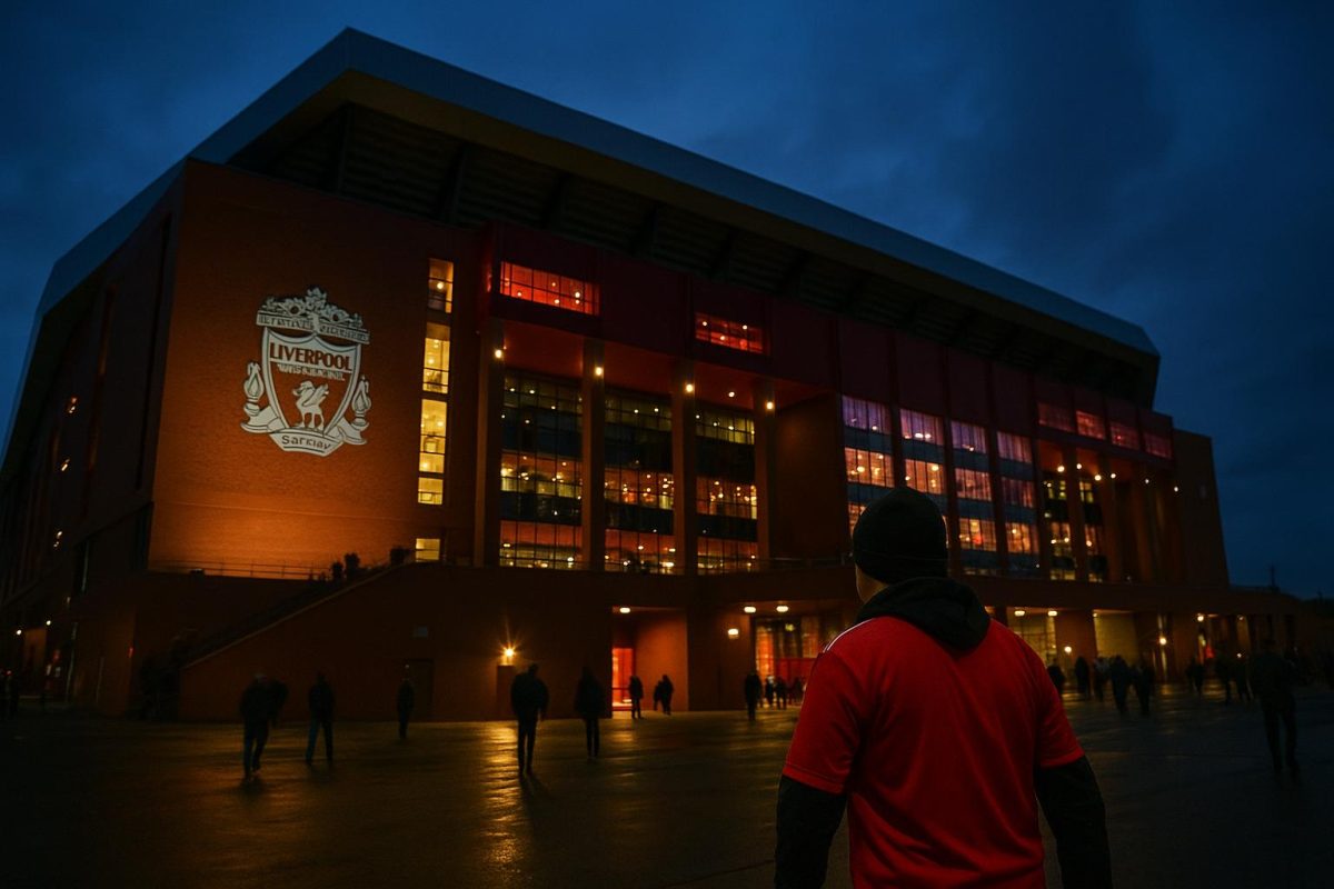 Avondsfeer rond Anfield, het stadion van Liverpool, in aanloop naar een wedstrijd.
