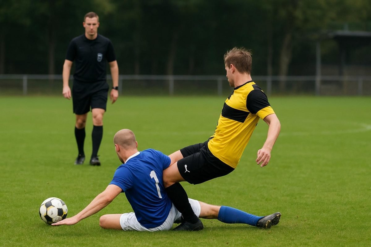 Amateurvoetbal op een Nederlands veld tijdens een wedstrijd, zonder herkenbare gezichten
