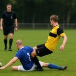 Amateurvoetbal op een Nederlands veld tijdens een wedstrijd, zonder herkenbare gezichten