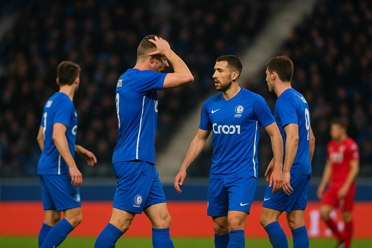 Spelers van KAA Gent vieren na de 2-0-zege tegen Zulte Waregem in de Planet Group Arena