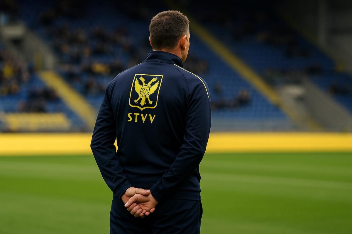 Wouter Vrancken kijkt geconcentreerd toe langs de zijlijn bij STVV in aanloop naar de derby.