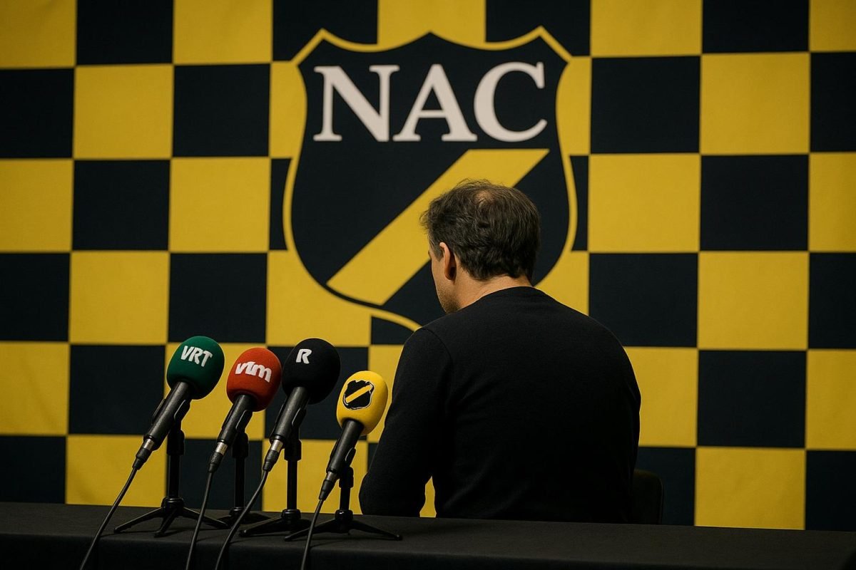 Carl Hoefkens, trainer van NAC Breda, tijdens een persmoment