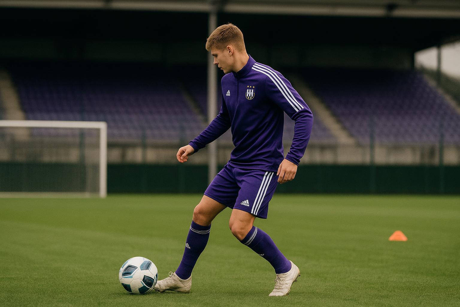 Nathan De Cat van RSC Anderlecht tijdens een trainingsmoment op het oefenveld