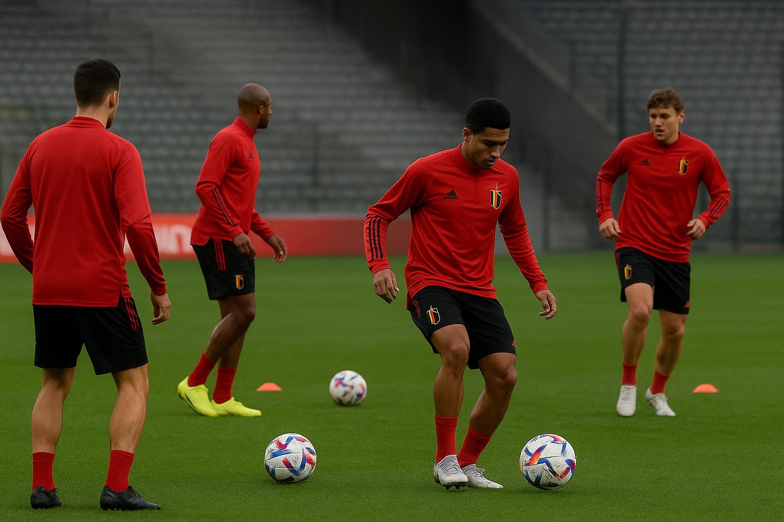 Spelers van de Rode Duivels tijdens een trainingsmoment in aanloop naar de selectie van Rudi Garcia