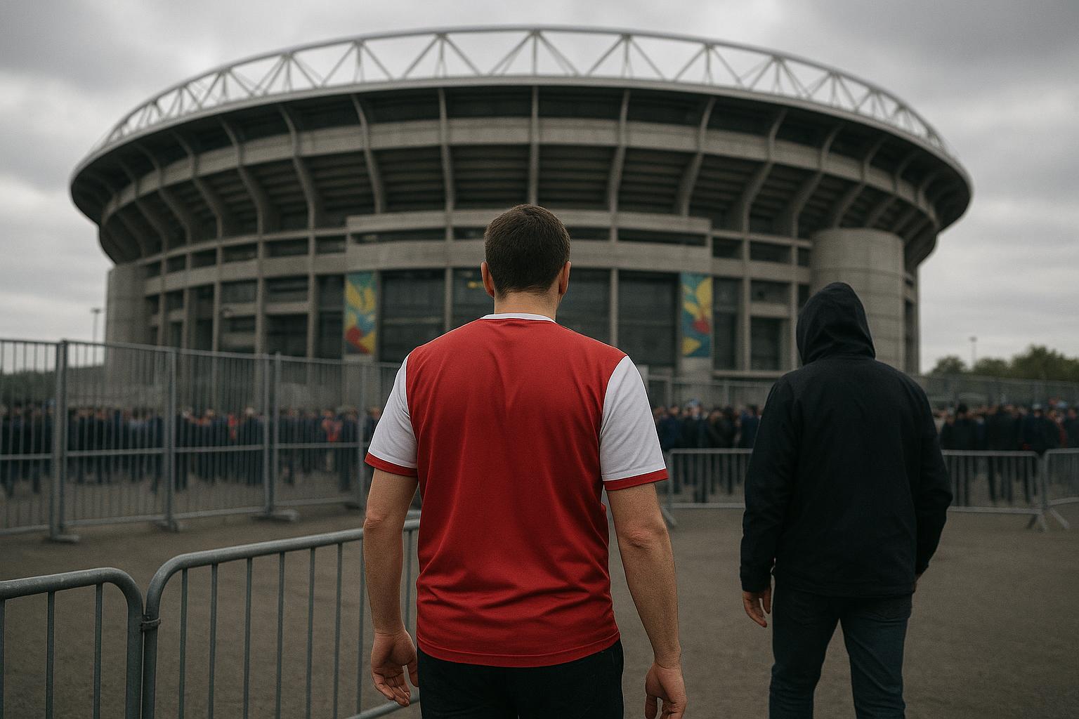Omgeving rond een WK-stadion met neutrale signalisatie, zonder herkenbare personen