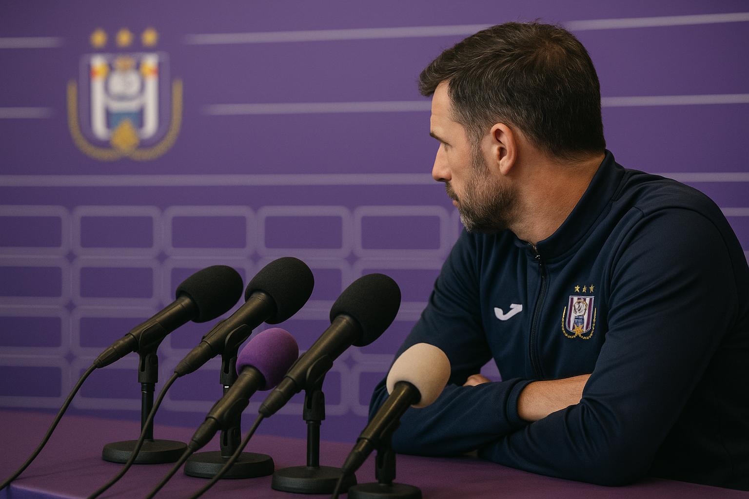 Besnik Hasi tijdens een persmoment in de context van RSC Anderlecht