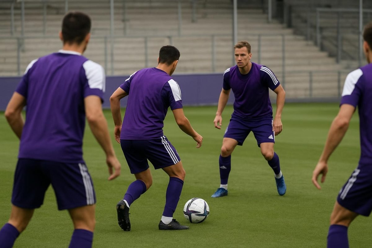 Joël Kana van RSCA Futures op training, gefotografeerd vanop afstand zonder herkenbare gezichten.