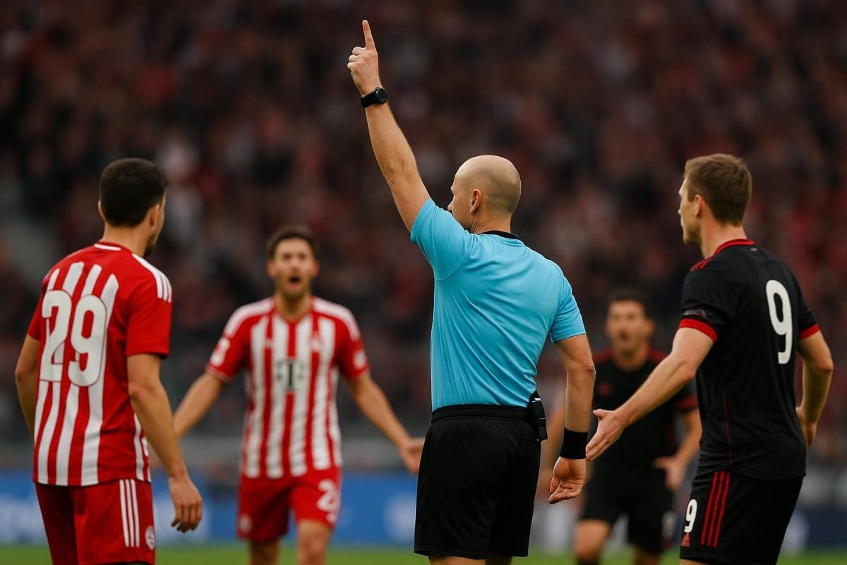 Spelmoment in Bayern München tegen Bayer Leverkusen met de scheidsrechter op de voorgrond