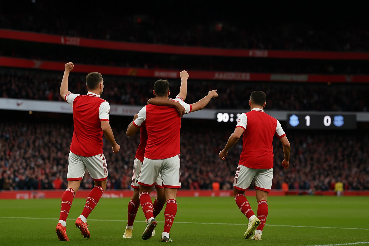 Spelers van Arsenal vieren een late goal tegen Everton in het Emirates Stadium