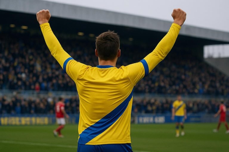 Mateo Biondic viert zijn doelpunt voor Union in de match tegen Dender