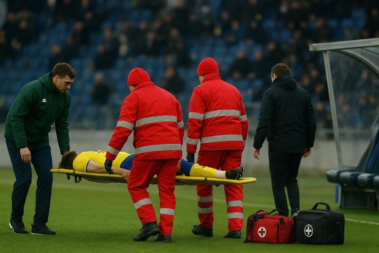 Medische staf met brancard langs de zijlijn tijdens Napoli-Lecce