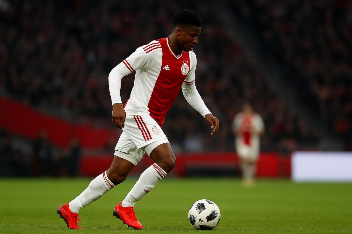 Mika Godts in actie voor Ajax in de Johan Cruijff Arena