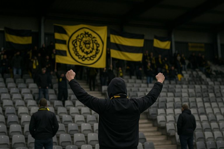 Supporters op de tribune in het Daknamstadion van KSC Lokeren