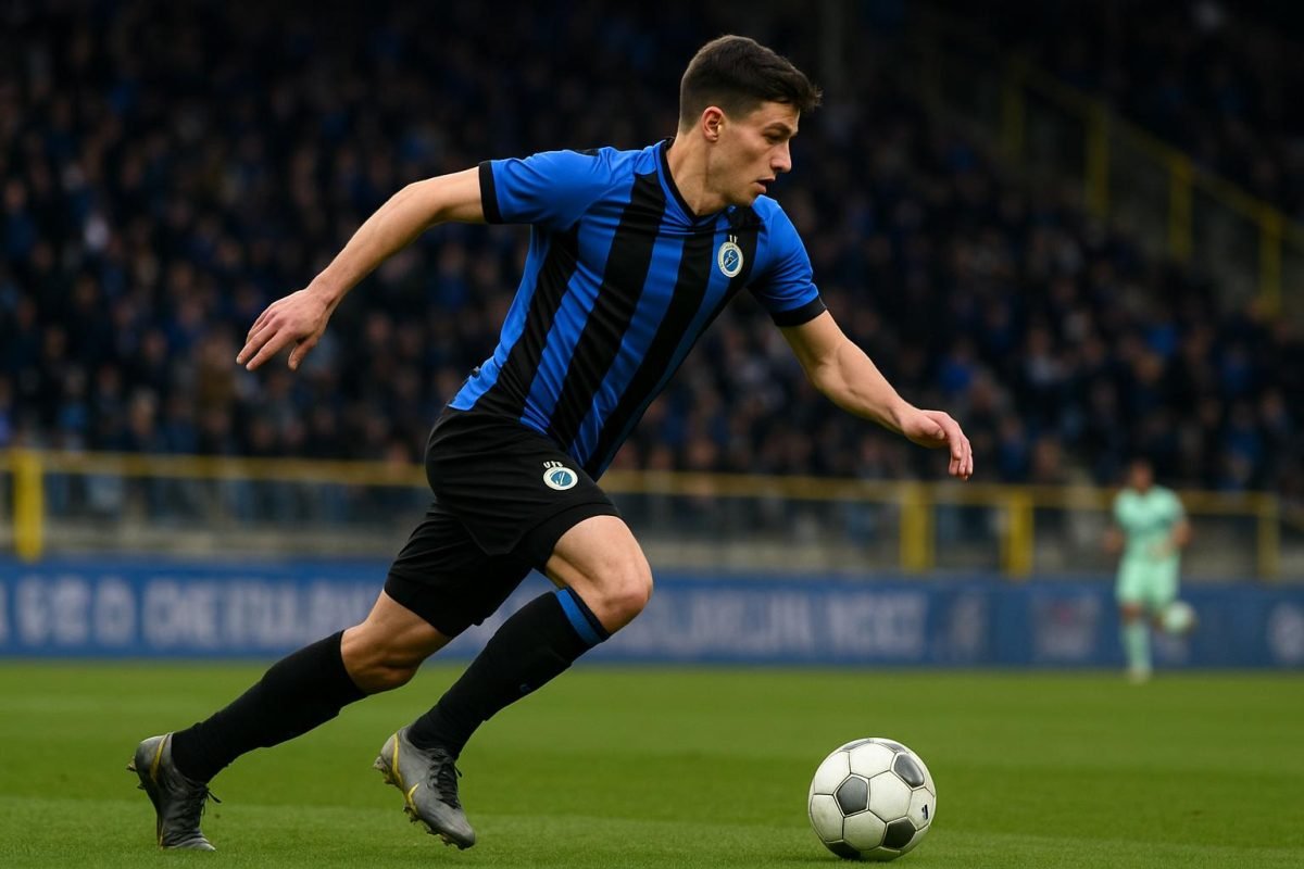 Actiefoto van een Club Brugge-spits in wedstrijdcontext tijdens een aanval