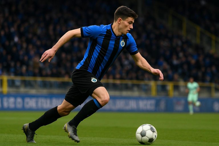 Actiefoto van een Club Brugge-spits in wedstrijdcontext tijdens een aanval