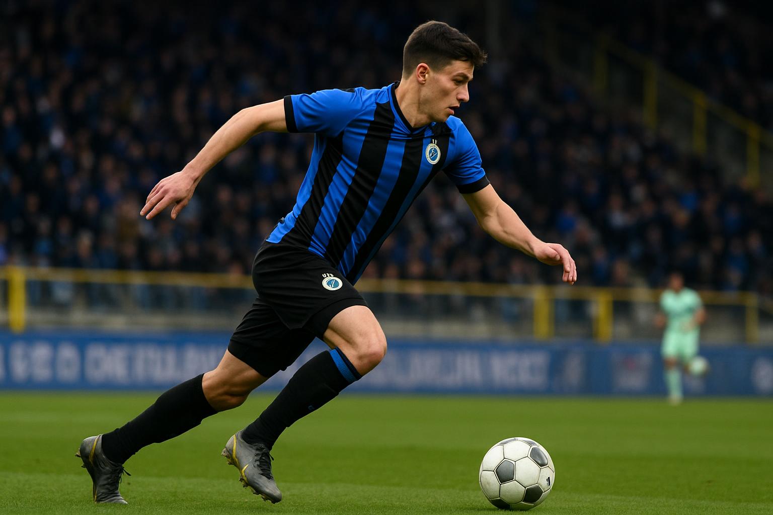 Actiefoto van een Club Brugge-spits in wedstrijdcontext tijdens een aanval
