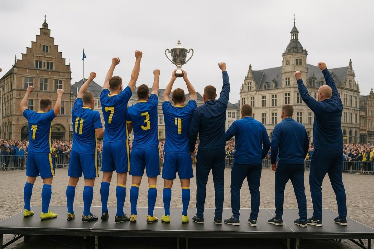Spelers en staf van SK Beveren tijdens de huldiging na de titel