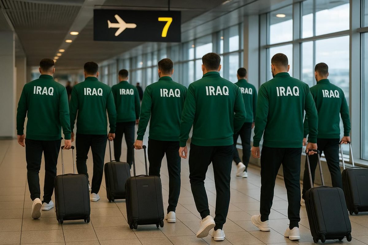 Spelers van Irak stappen richting gate voor de reis naar Mexico, zonder herkenbare gezichten.