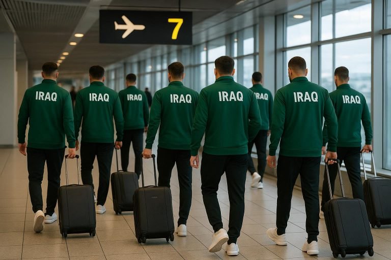 Spelers van Irak stappen richting gate voor de reis naar Mexico, zonder herkenbare gezichten.