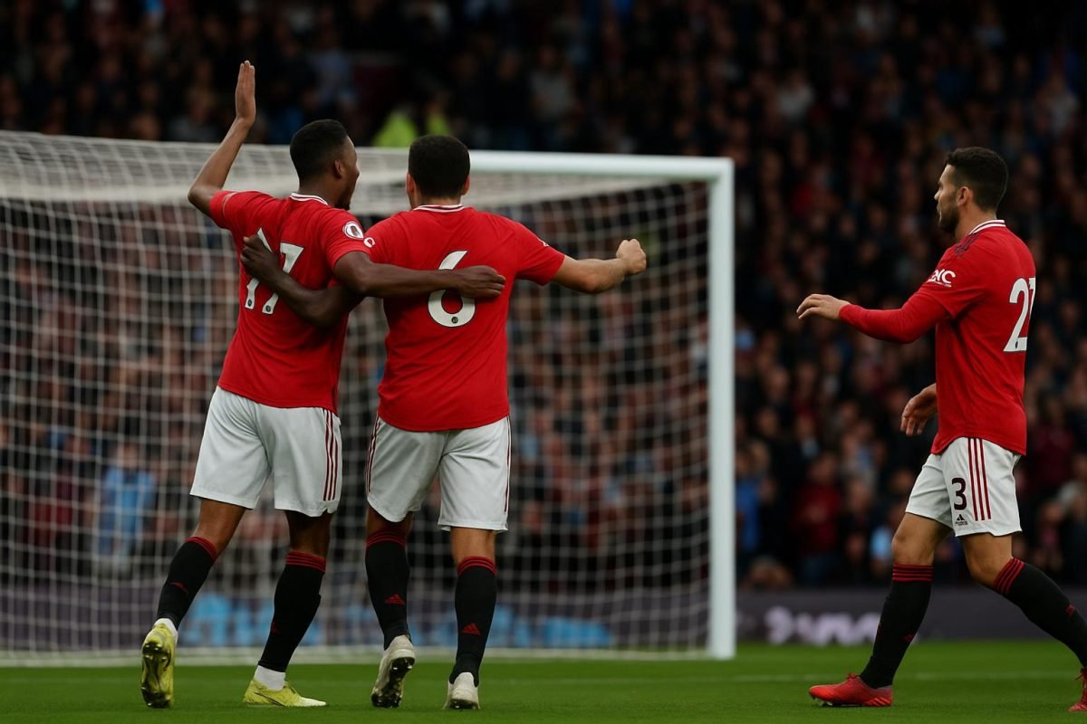 Manchester United viert een doelpunt tegen Aston Villa in de Premier League