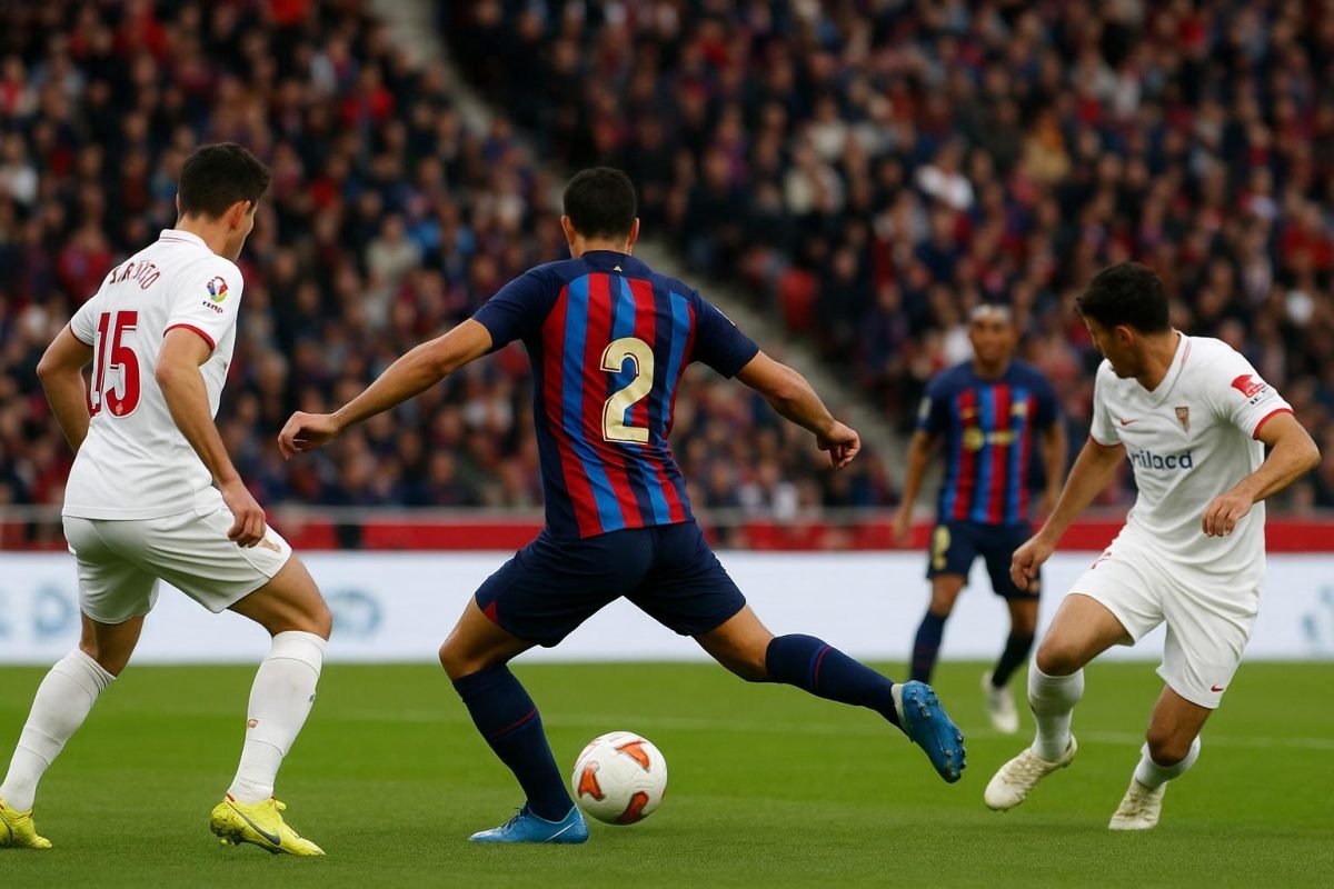 Spelmoment uit FC Barcelona tegen Sevilla met spelers in duel in het strafschopgebied