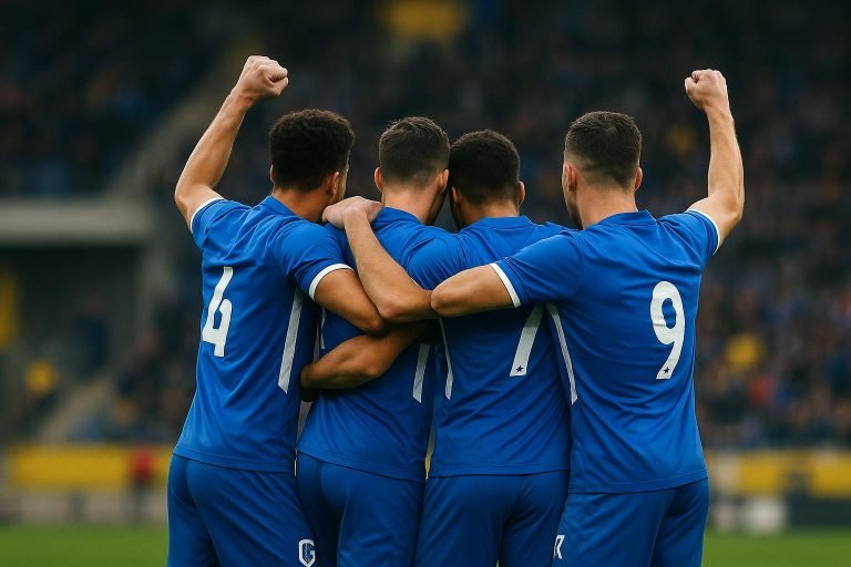 Spelers van KRC Genk vieren na de 1-0 zege in de Limburgse derby tegen STVV