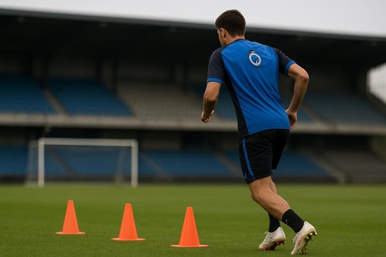 Training bij Club Brugge met focus op een speler die individueel herstelt op het veld