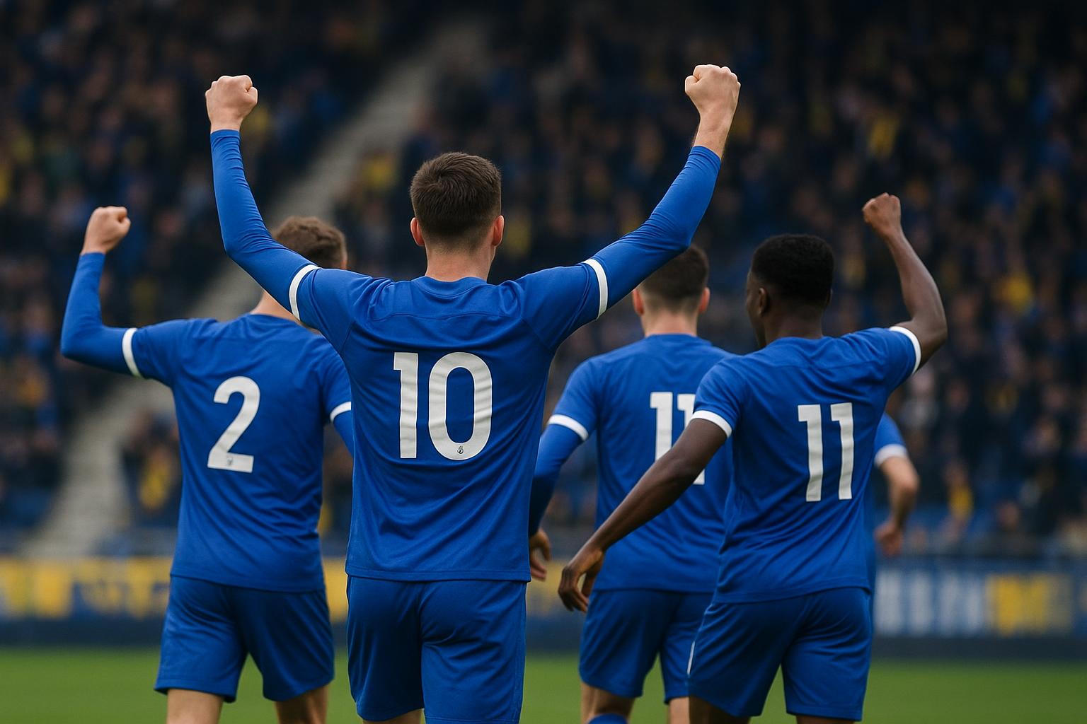 Spelers van KRC Genk vieren na de derbyzege tegen Sint-Truiden