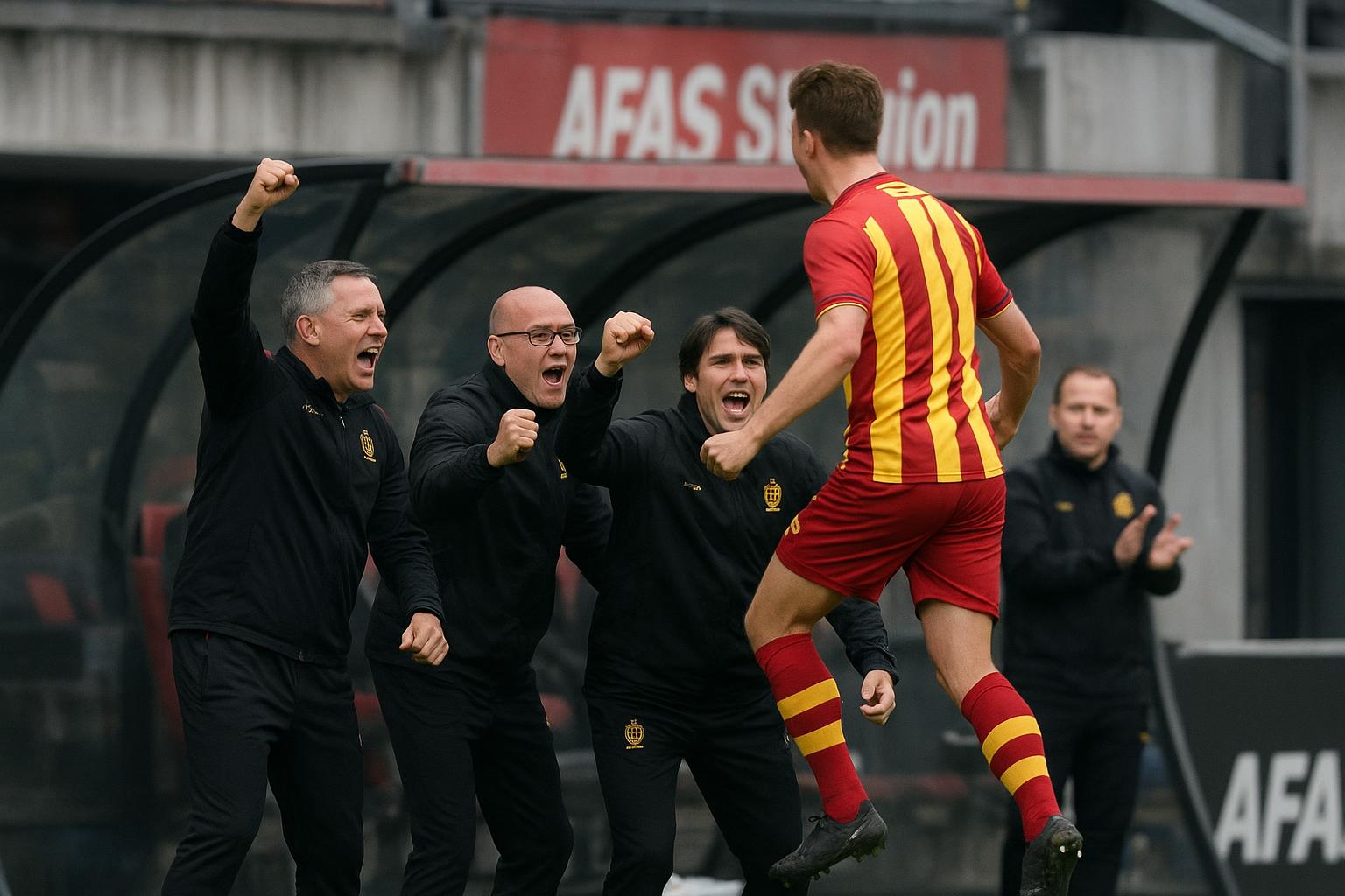 Fred Vanderbiest viert uitbundig langs de zijlijn in het AFAS Stadion bij KV Mechelen