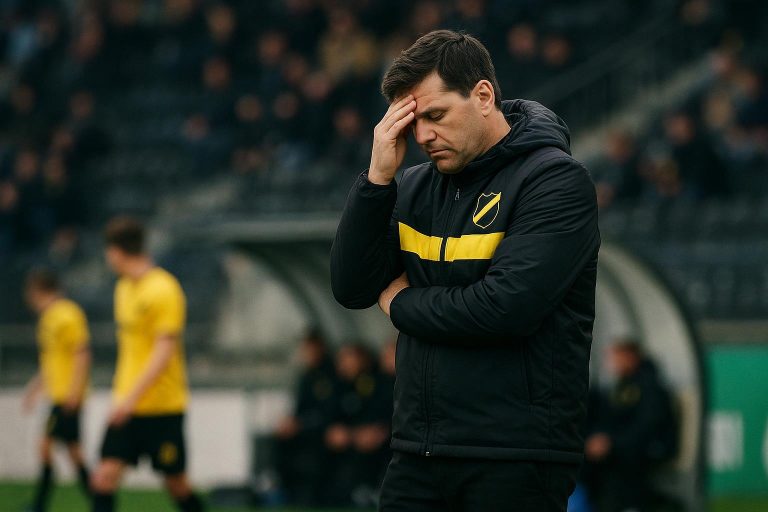 Carl Hoefkens langs de zijlijn na de 6-0-nederlaag van NAC bij Go Ahead Eagles