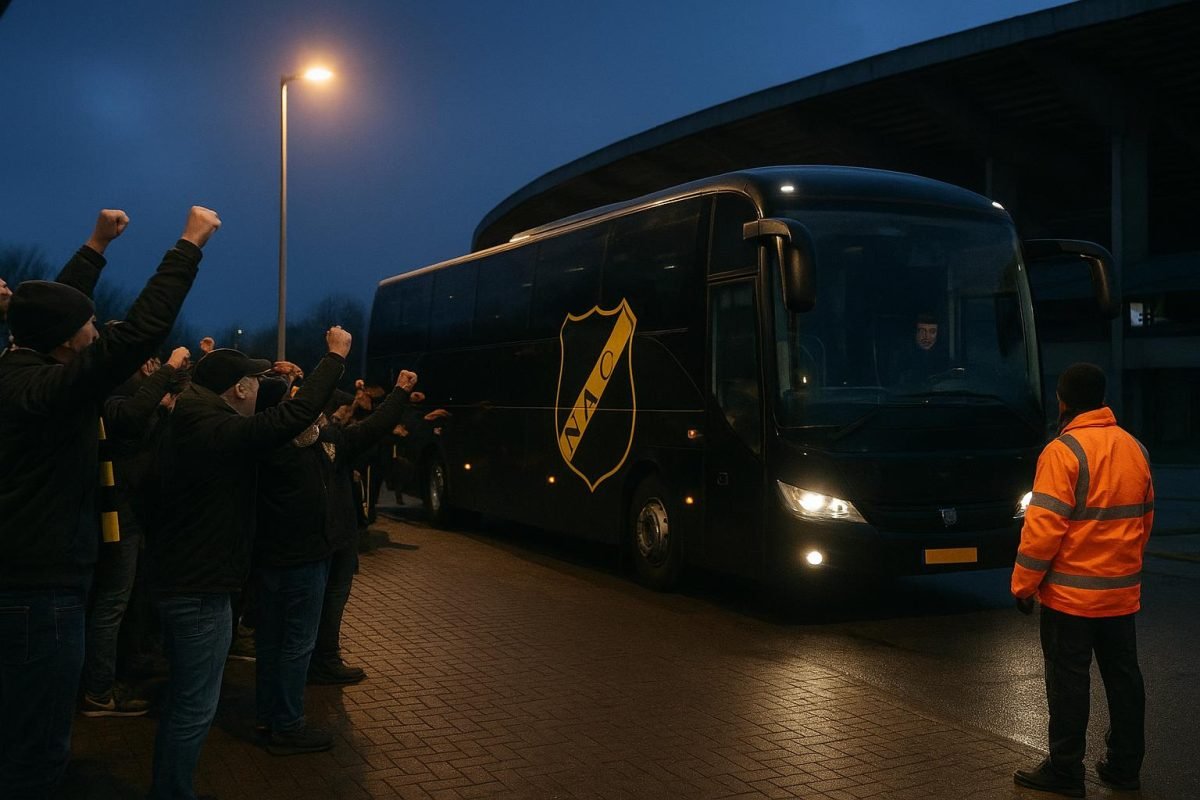 De spelersbus van NAC Breda bij aankomst, met supporters op de achtergrond