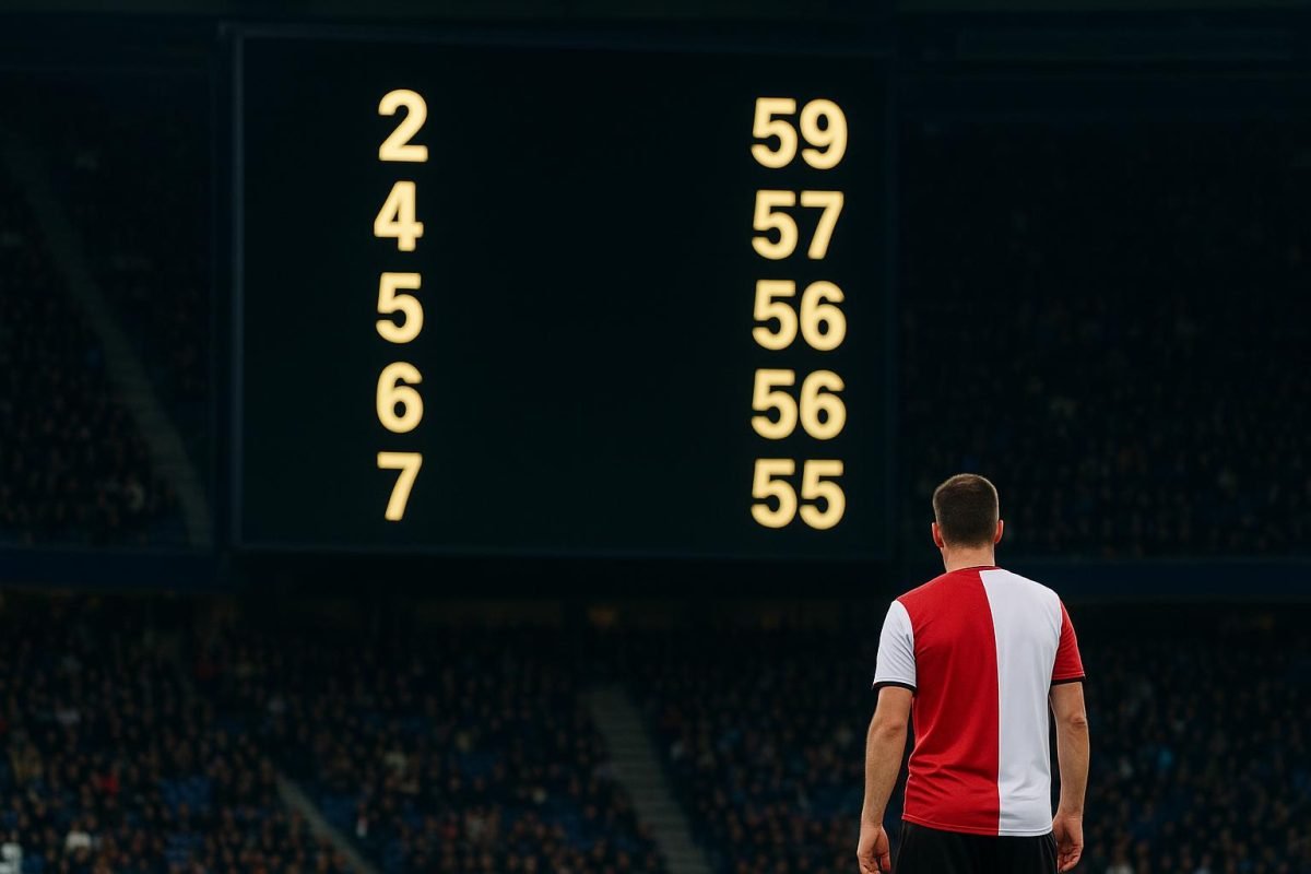 Scorebord in een stadion dat verwijst naar de strijd om de top zes in de Jupiler Pro League