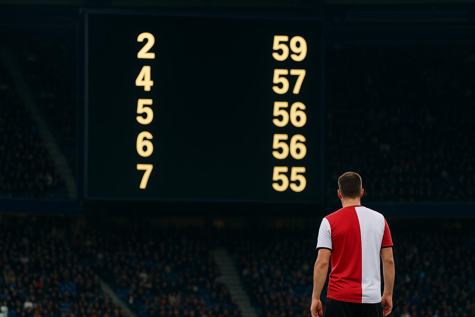 Scorebord in een stadion dat verwijst naar de strijd om de top zes in de Jupiler Pro League