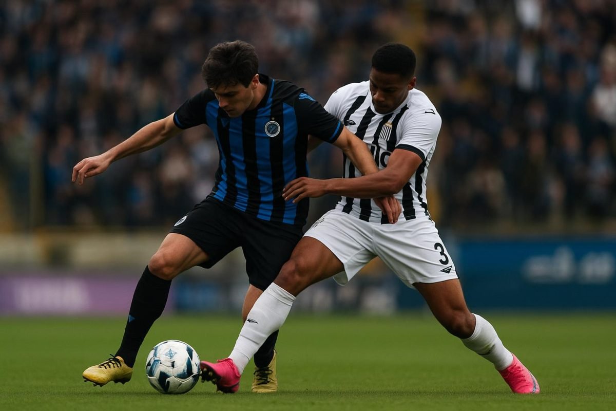 Spelers van Sporting Charleroi en Club Brugge vechten een duel uit tijdens de wedstrijd.