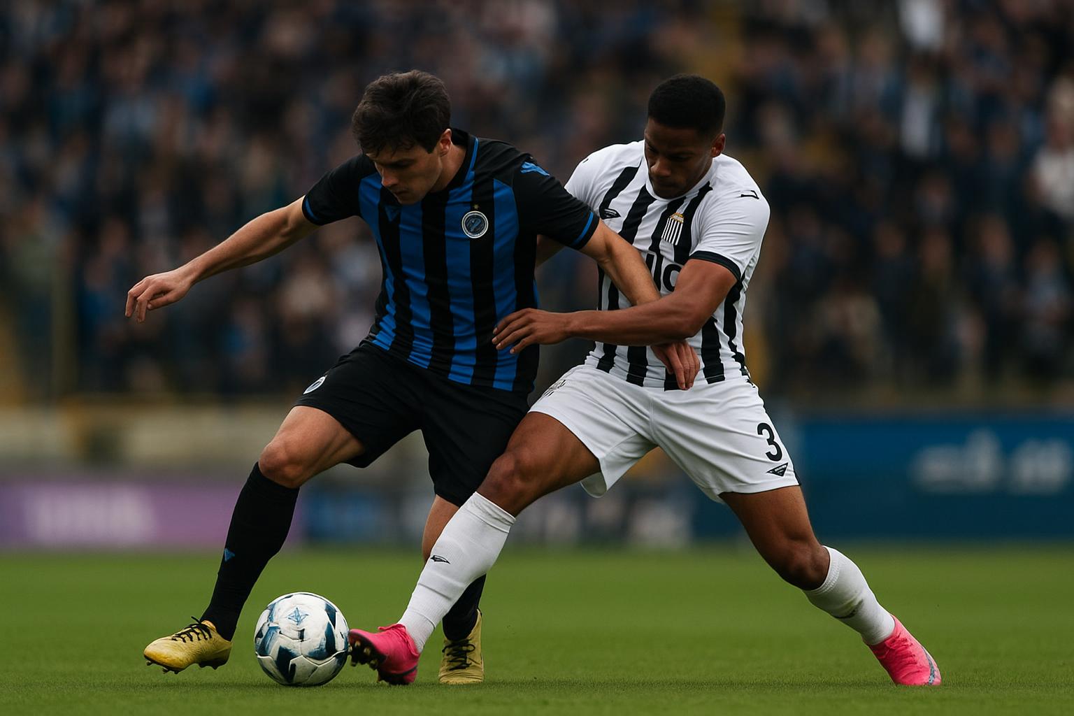 Spelers van Sporting Charleroi en Club Brugge vechten een duel uit tijdens de wedstrijd.