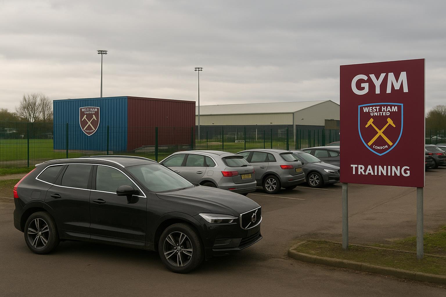 Omgeving van een trainingscomplex met geparkeerde wagens, zonder herkenbare personen